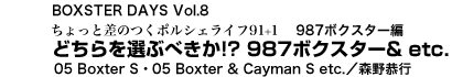 BOXSTER DAYS Vol.8　ちょっと差のつくポルシェライフ91+1　987ボクスター編 どちらを選ぶべきか!? 987ボクスター& etc.　05 Boxster S・05 Boxster　森野恭行