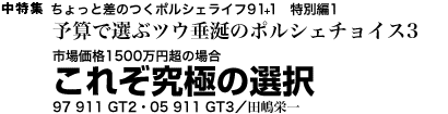 中特集　ちょっと差のつくポルシェライフ91+1　特別編1 予算で選ぶツウ垂涎のポルシェチョイス3　市場価格1500万円超の場合 これぞ究極の選択　97 911 GT2・05 911 GT3　田嶋栄一