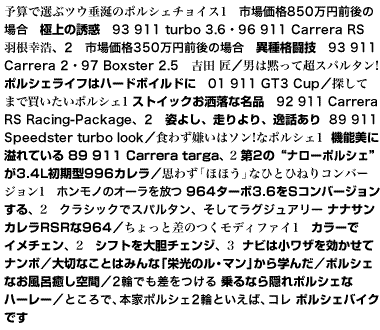 予算で選ぶツウ垂涎のポルシェチョイス1　市場価格850万円前後の場合　極上の誘惑　93 911 turbo 3.6・96 911 Carrera RS　羽根幸浩、2　市場価格350万円前後の場合　異種格闘技　93 911 Carrera 2・97 Boxster 2.5　吉田 匠／男は黙って超スパルタン！　ポルシェライフはハードボイルドに　01 911 GT3 Cup／探してまで買いたいポルシェ1　ストイックお洒落な名品　92 911 Carrera RS Racing-Package、2　姿よし、走りより、逸話あり　89 911 Speedster turbo look／食わず嫌いはソン！　なポルシェ1　機能美に溢れている　89 911 Carrera targa、2　第2の“ナローポルシェ”が3.4L初期型996カレラ／思わず「ほほう」なひとひねりコンバージョン1　ホンモノのオーラを放つ 964ターボ3.6をSコンバージョンする、2　クラシックでスパルタン、そしてラグジュアリー ナナサンカレラRSRな964／ちょっと差のつくモディファイ1　カラーでイメチェン、2　シフトを大胆チェンジ、3　ナビは小ワザを効かせてナンボ／大切なことはみんな「栄光のル・マン」から学んだ／ポルシェなお風呂癒し空間／2輪でも差をつける 乗るなら隠れポルシェなハーレー／ところで、本家ポルシェ2輪といえば、コレ ポルシェバイクです