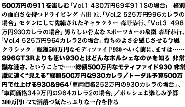 500万円の911を楽しむ 「Vol.1 430万円69年911Sの場合」　格別の面白さを持つドライビング　吉田 匠、「Vol.2　525万円996カレラの場合」 モダンにして洗練されたキャラクター　森野恭行、「Vol.3　498万円930カレラの場合」 男らしい骨太なスポーツカーの象徴　森野恭行、「Vol.4　525万円964カレラ2の場合」 育ちのよさを感じさせる今風クラシック／総額500万円なモディファイド930　へいく前に、まずは……　996GT3Rよりも速い930とはどんなポルシェなのかを知る　非常識な速さ、ということで……総額500万円なモディファイド930　非常識に速く“見える”総額500万円な930カレラ／トータル予算500万円で仕上げる930&964「車両価格252万円の930カレラの場合」、「車両価格349万円の964カレラ2の場合」／ポルシェお楽しみ予算500万円1/2で洒落つ気たっぷりな一台を作る