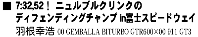 7:32,52！ ニュルブルクリンクのディフェンディングチャンプ in富士スピードウェイ　羽根幸浩 00 GEMBALLA BITURBO GTR600×00 911 GT3